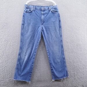 Wrangler Mens Cowboy Cut Straight Jeans 38x28* Blue Stonewash Denim Raw Hem